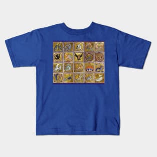 MEDIEVAL BESTIARY, FANTASTIC ANIMALS IN GOLD RED BLUE COLORS Kids T-Shirt